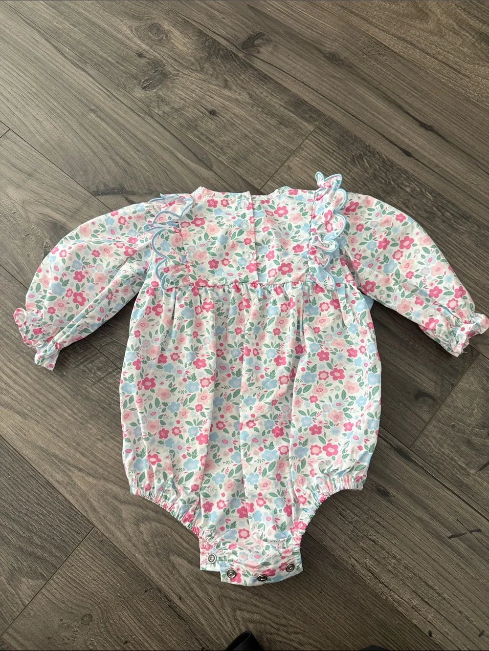 NEVER WORN Floral Baby One-Piece with Light Blue Bow Accents